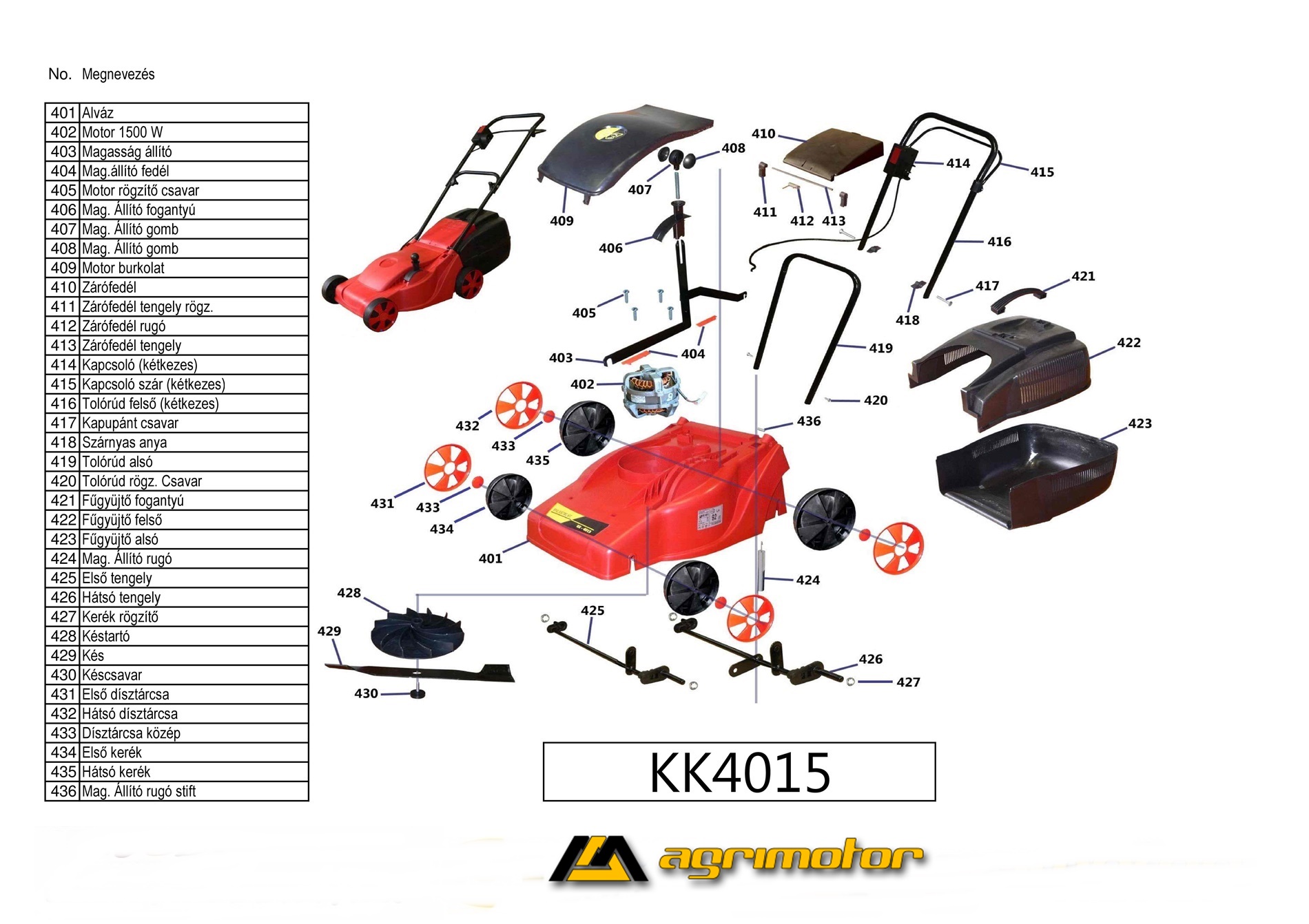 Agrimotor elektromos fűnyíró robbantott ábra